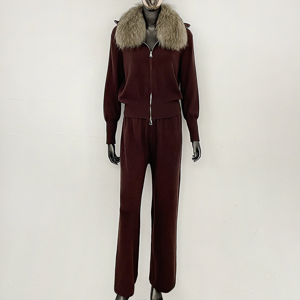OFTBUY Winter New Women's Knitted Tracksuit Set with Fox Fur Collar Zipper Jacket Wide Leg Pants Luxury Casual Two-Piece Outfit