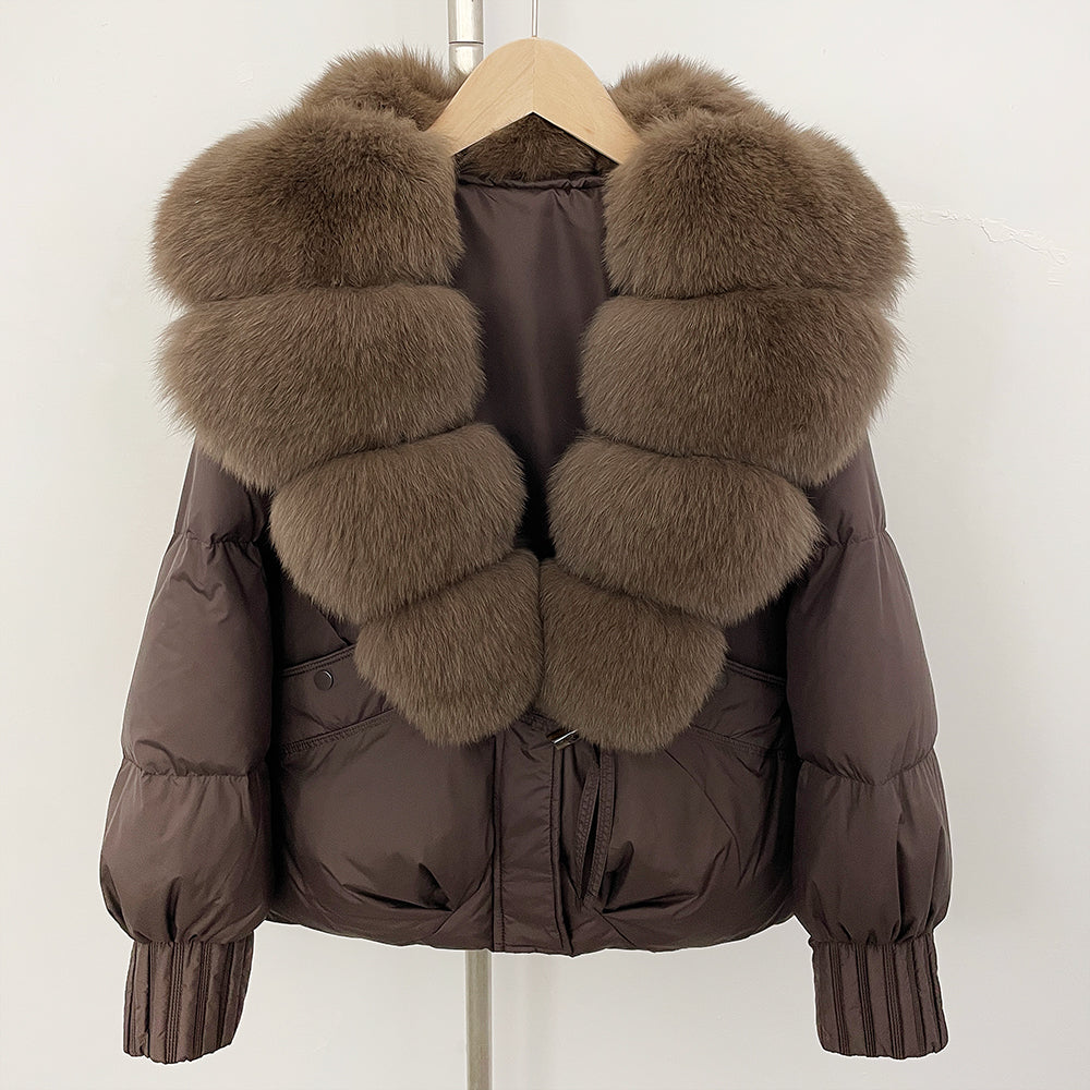 Front view of coffee 90% duck down jacket with high-contrast brown real fox fur collar