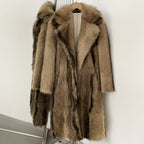 OFTBUY Luxury Long-Line Notch Lapel Faux Fur Coat - Elegant Winter Vegan Fur Overcoat