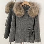 OFTBUY Women's Real Fox Raccoon Fur Collar Knit Wrap Coat Drawstring Waist Autumn Winter Cardigan Jacket Female Luxury Outerwear