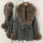 OFTBUY Belted Waist Striped Texture Pockets New Women's Knit Coat with Large Real Fox Fur Collar Winter Luxury Elegant Outerwear