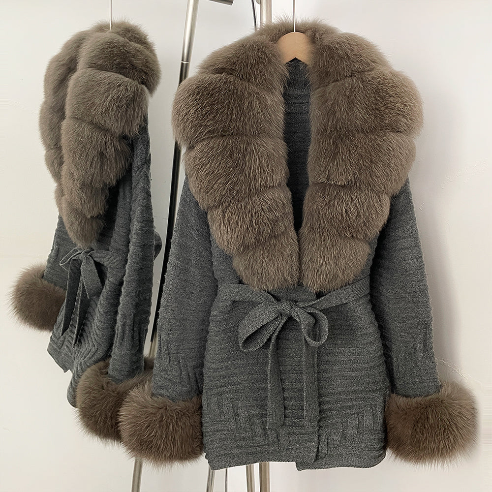 OFTBUY Belted Waist Striped Texture Pockets New Women's Knit Coat with Large Real Fox Fur Collar Winter Luxury Elegant Outerwear