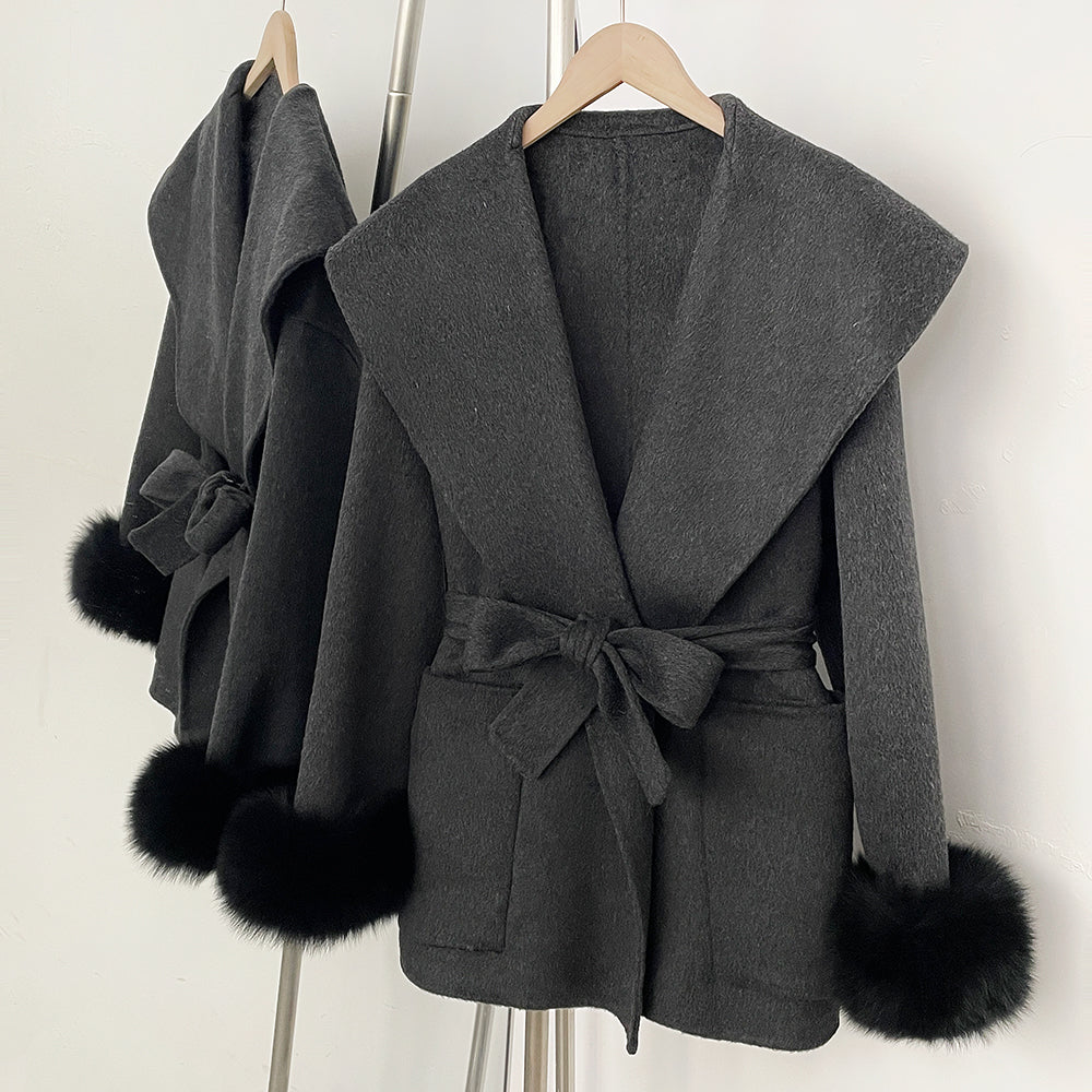 OFTBUY Pockets Elegant Warm Winter Fashion Outerwear Female New Women's Double-Faced Wool Coat Lapel Collar Belt Real Fox Fur