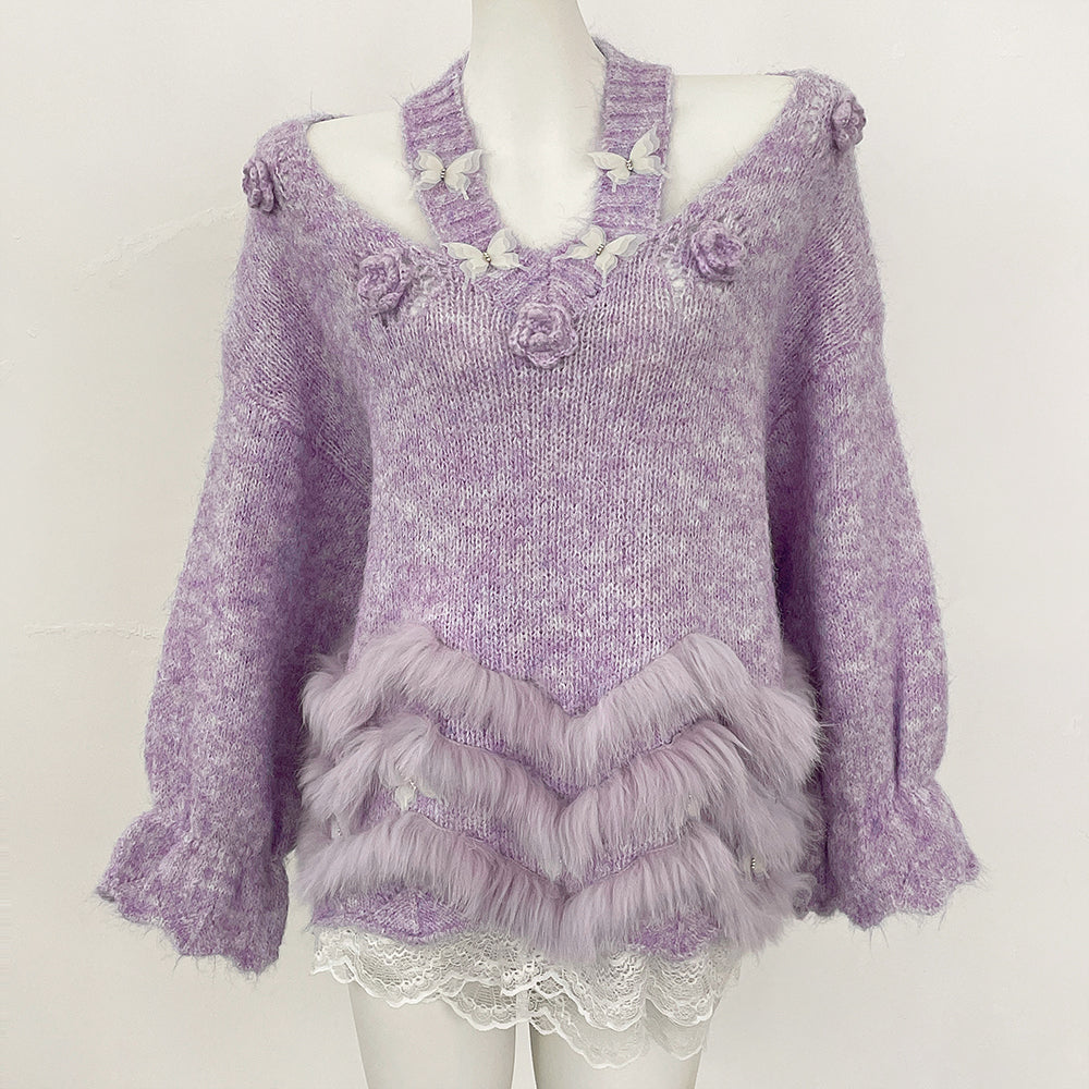 OFTBUY New Spring Autumn Flowers Butterflies Knitting Pullovers Clothes Women Halves Knitted Sweater Female Real Fox Fur Coat