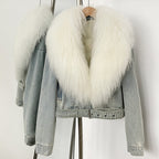 OFTBUY New Casual Fluffy Winter Clothes Women Short Mongolia Sheep Fur Collar Down Denim jacket Female Real Fur Puffer Jacket