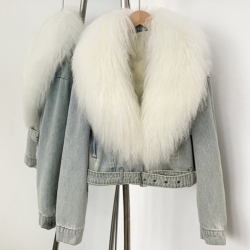 OFTBUY New Casual Fluffy Winter Clothes Women Short Mongolia Sheep Fur Collar Down Denim jacket Female Real Fur Puffer Jacket
