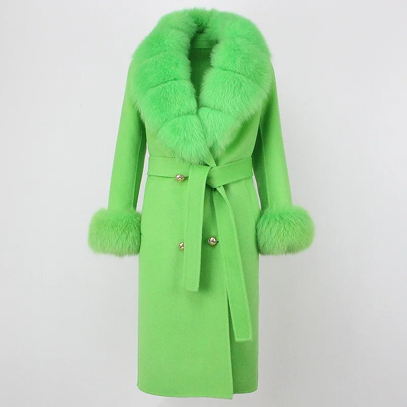 OFTBUY Winter Jacket Women Long Natural Wool Blends Cashmere Real Fur Coat Double Breasted Belt Warm Streetwear New Fashion