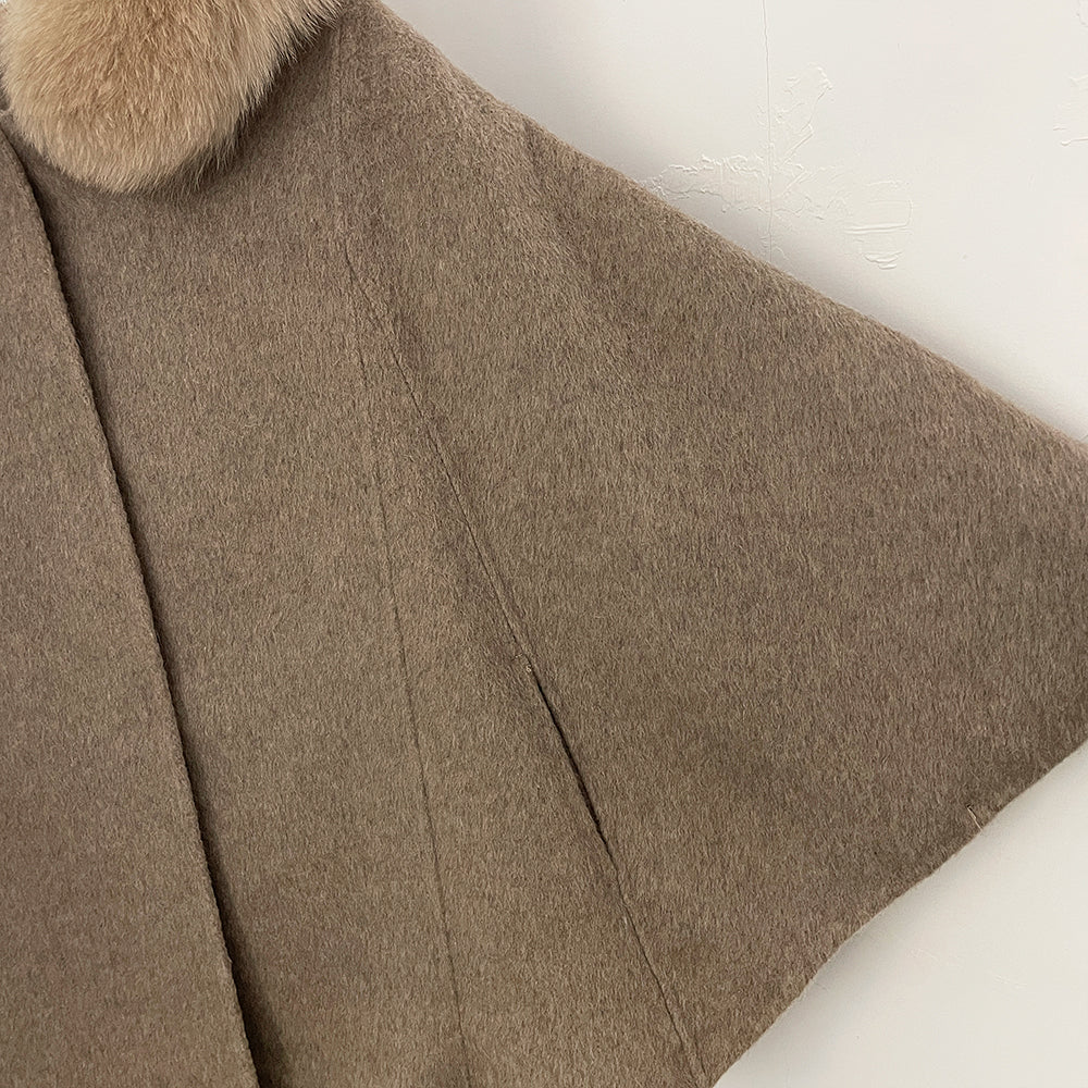 OFTBUY New Women's Wool Coat with Large Real Fox Fur Hooded Trim Long Sleeve Warm Winter Elegant Fashion Outerwear Woolen Cape