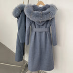 OFTBUY 100% Wool Coat with Real Fox Fur Trim & Rabbit Fur Lining