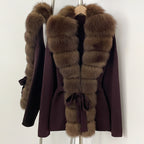OFTBUY Luxury Warm Winter Fashion Outerwear New Women's Knit Cardigan with Oversized Real Fox Fur Trim Self-Tie Belt Sweater