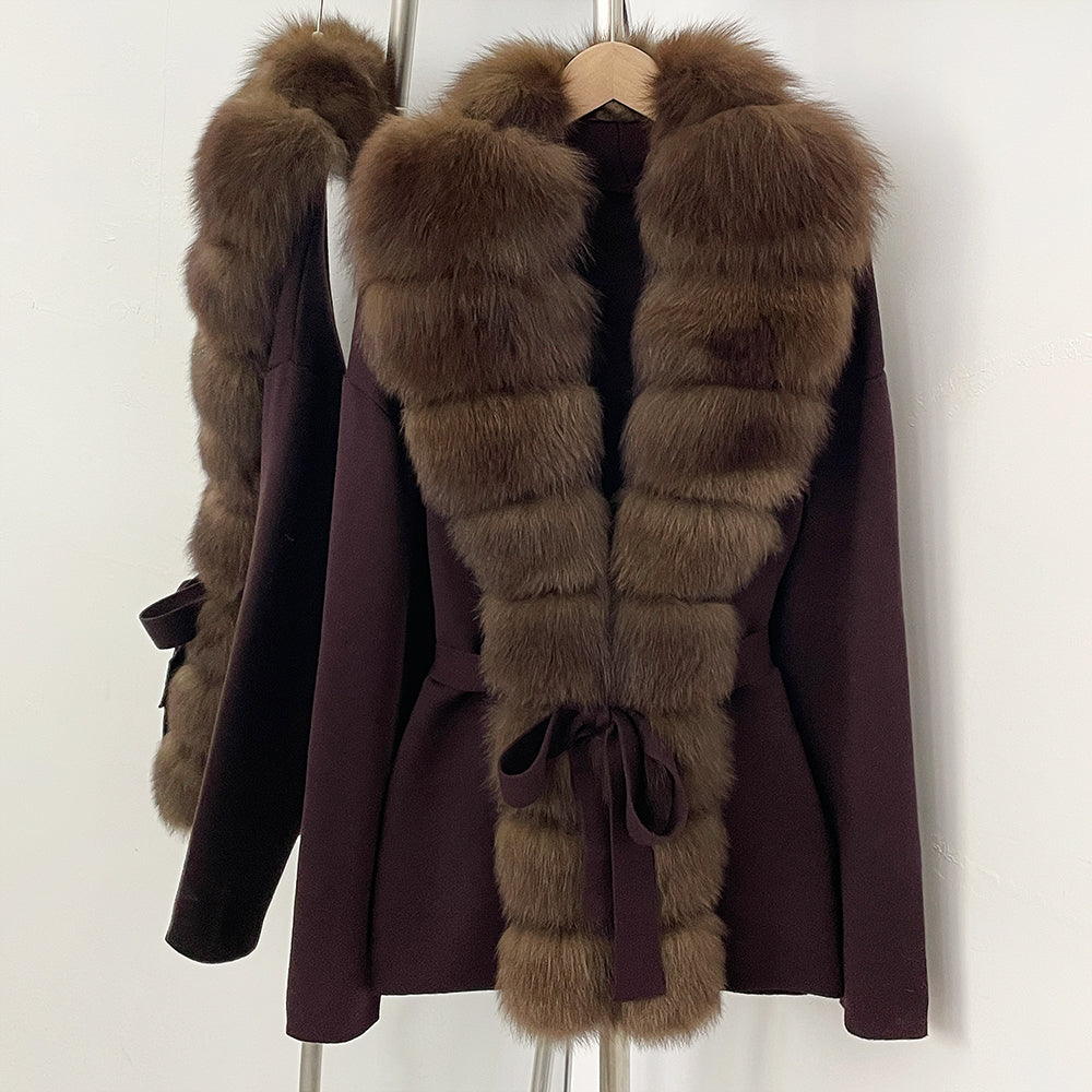 OFTBUY Luxury Warm Winter Fashion Outerwear New Women's Knit Cardigan with Oversized Real Fox Fur Trim Self-Tie Belt Sweater