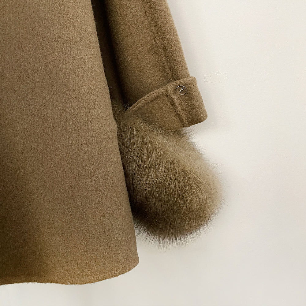OFTBUY New Women's Double-Faced Wool Coat with Real Fox Fur Cuffs Round Neck Warm Winter Elegant Fashion Outerwear Woolen Coat