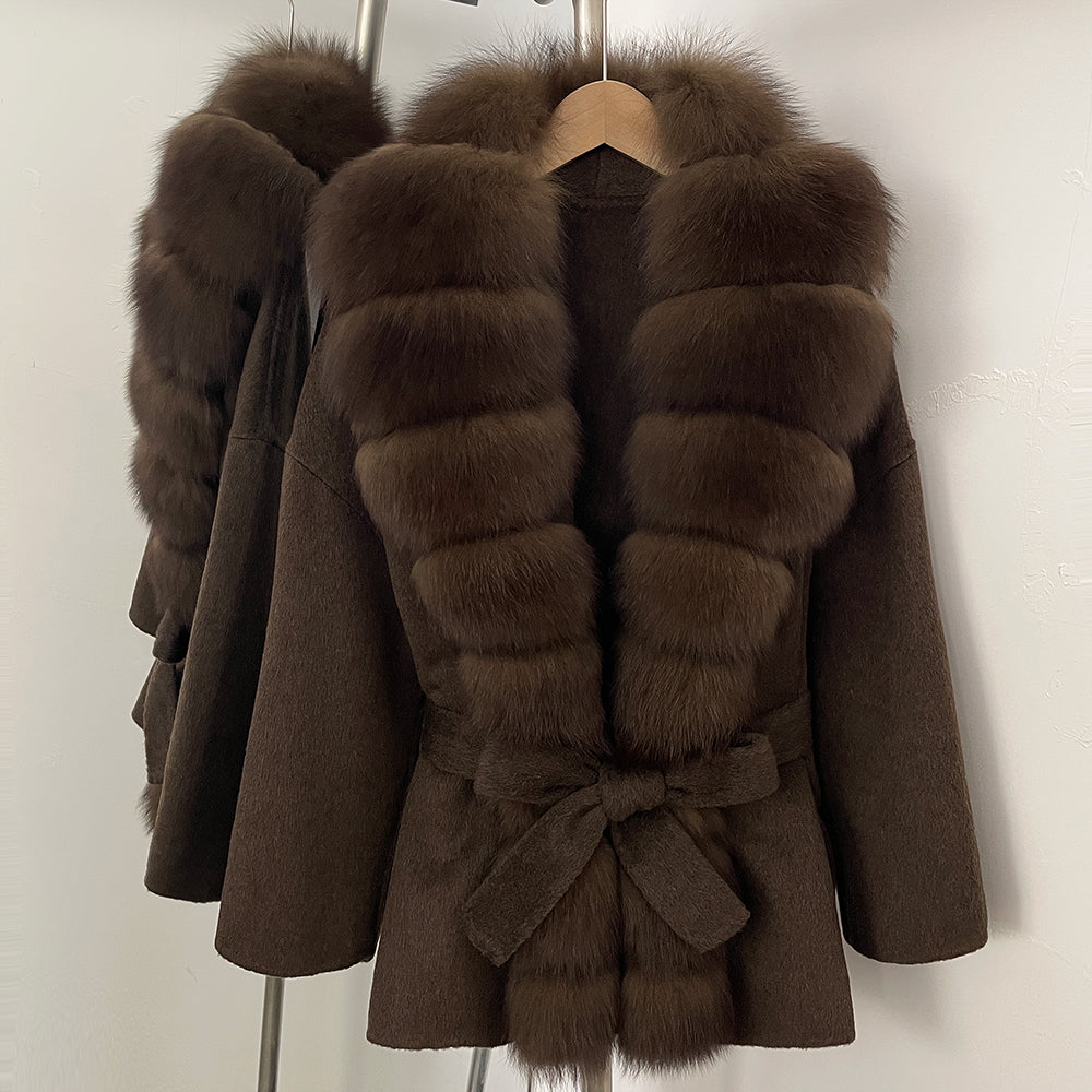 OFTBUY New Autumn Winter Clothes Women Big Natural Fox Fur Pinnacle 100% Wool Coat Female Belt Real Fur Collar Woolen Jacket