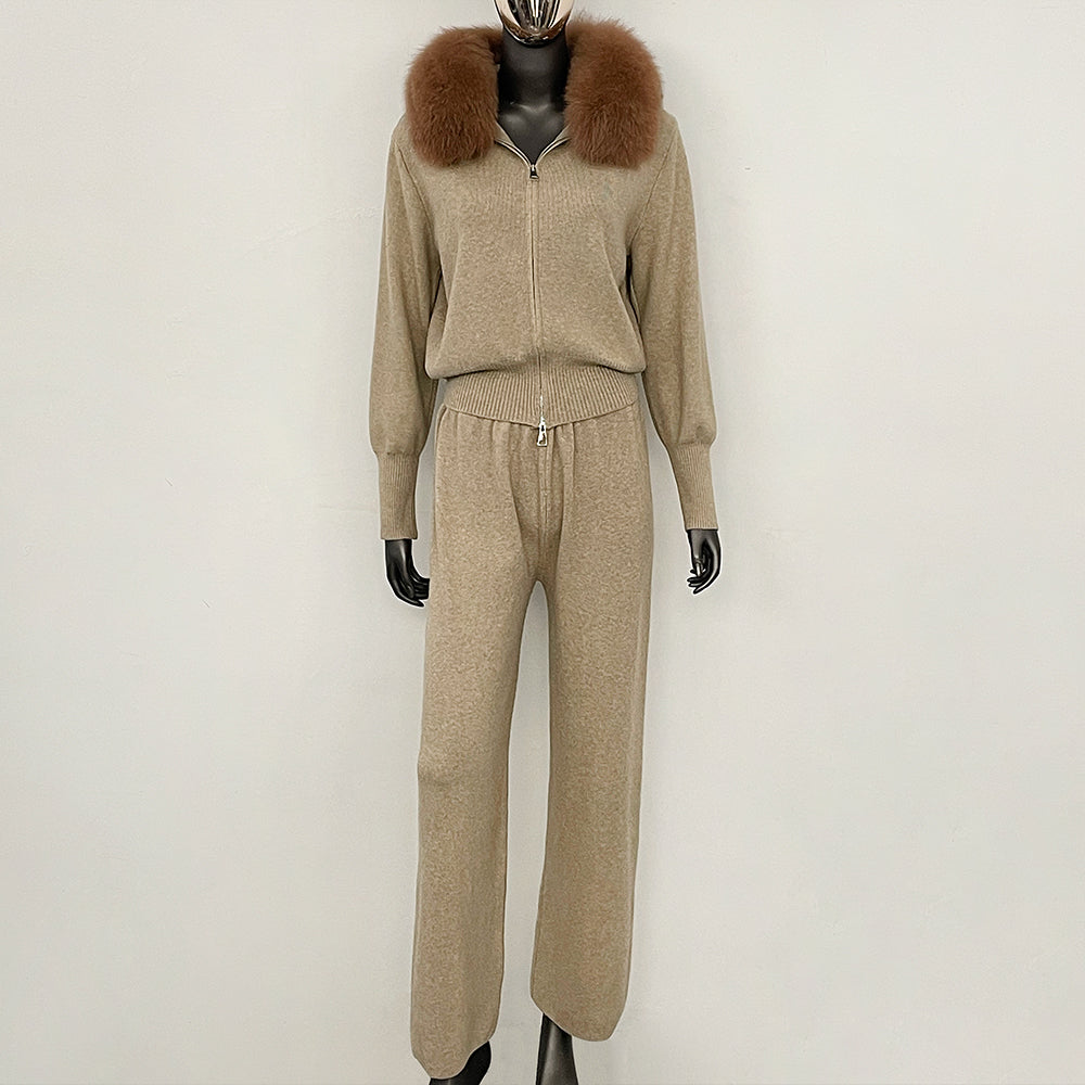 OFTBUY Winter New Women's Knitted Tracksuit Set with Fox Fur Collar Zipper Jacket Wide Leg Pants Luxury Casual Two-Piece Outfit
