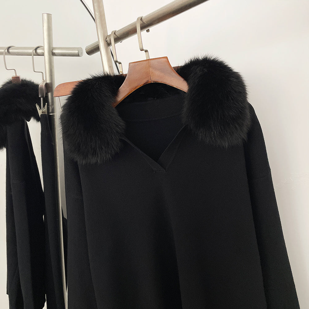 OFTBUY Knitted Pant Set Female Fashion Warm Real Fox Fur Sweater Lady New Autumn Winter Plus Size Woman Clothes Outfits Knitwear