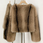OFTBUY Luxury Collarless Faux Fur Jacket - Chic Short Fluffy Vegan Fur Coat for Women