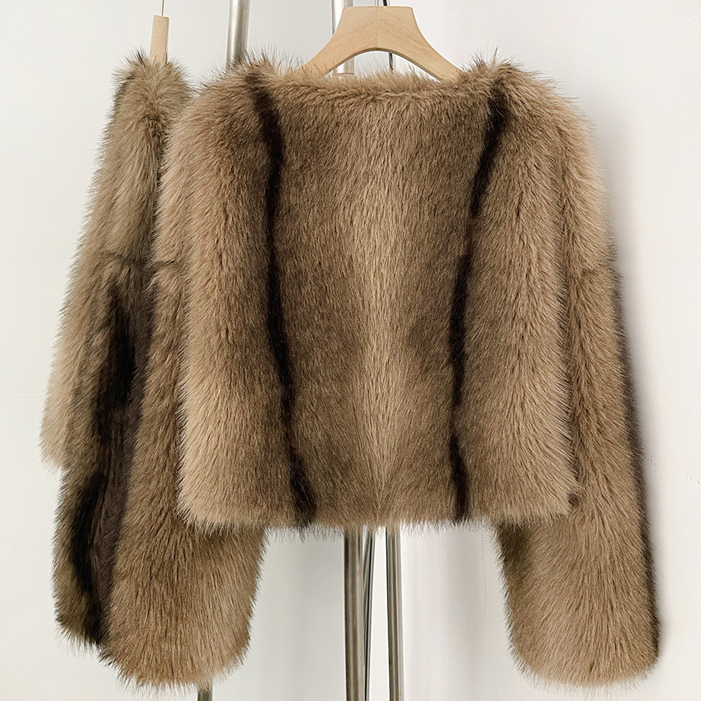 OFTBUY Luxury Collarless Faux Fur Jacket - Chic Short Fluffy Vegan Fur Coat for Women