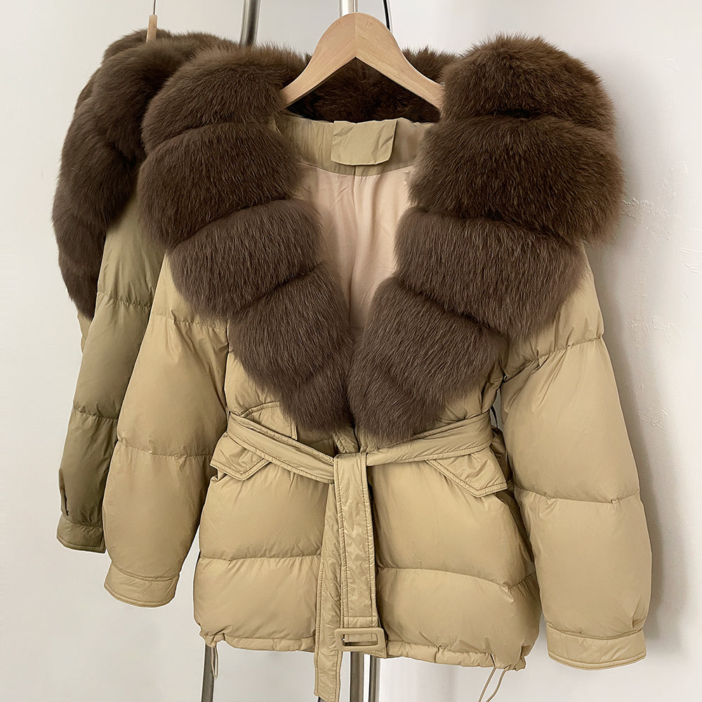 OFTBUY Thick Warm Mid-Long Puffer Coat Real Fox Fur Collar White Duck Down Coat Female Loose Warm Hooded Parkas With Belt