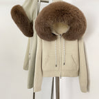 OFTBUY New Women's Beige Knit Hoodie with Large Real Fox Fur Trim Zipper Pockets Warm Winter Fashion Casual Outerwear Lady
