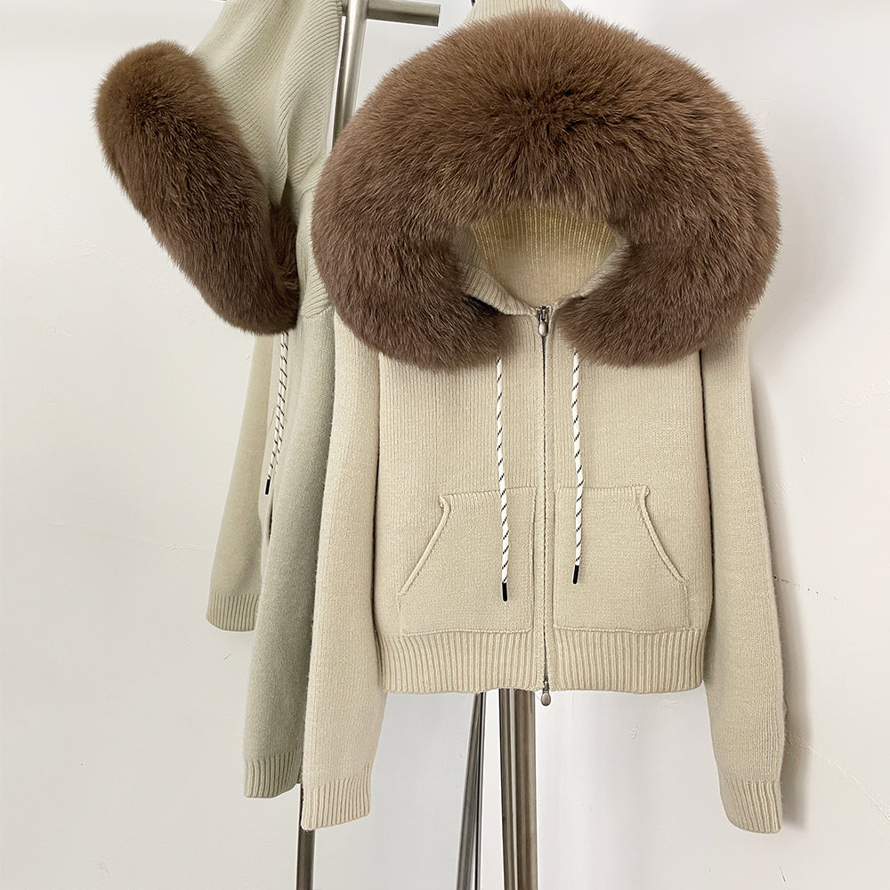 OFTBUY New Women's Beige Knit Hoodie with Large Real Fox Fur Trim Zipper Pockets Warm Winter Fashion Casual Outerwear Lady