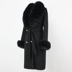 OFTBUY Winter Jacket Women Long Natural Wool Blends Cashmere Real Fur Coat Double Breasted Belt Warm Streetwear New Fashion