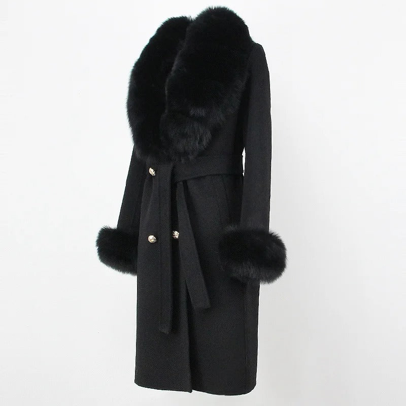 OFTBUY Winter Jacket Women Long Natural Wool Blends Cashmere Real Fur Coat Double Breasted Belt Warm Streetwear New Fashion
