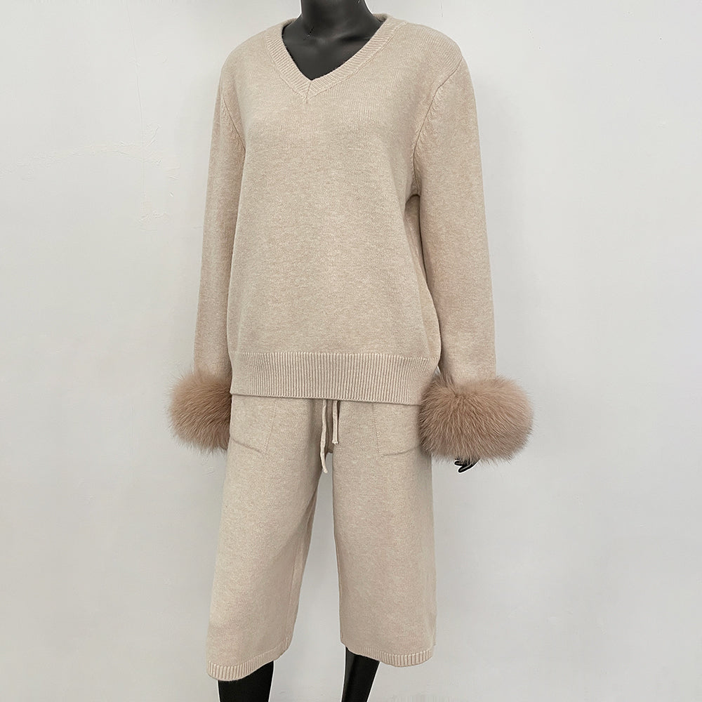 OFTBUY New Women's Knitted Two Piece Set with Real Fox Fur Cuffs V Neck Warm Winter Casual Elegant Outfit Sweater Female