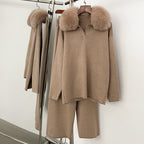 OFTBUY Knitted Pant Set Female Fashion Warm Real Fox Fur Sweater Lady New Autumn Winter Plus Size Woman Clothes Outfits Knitwear