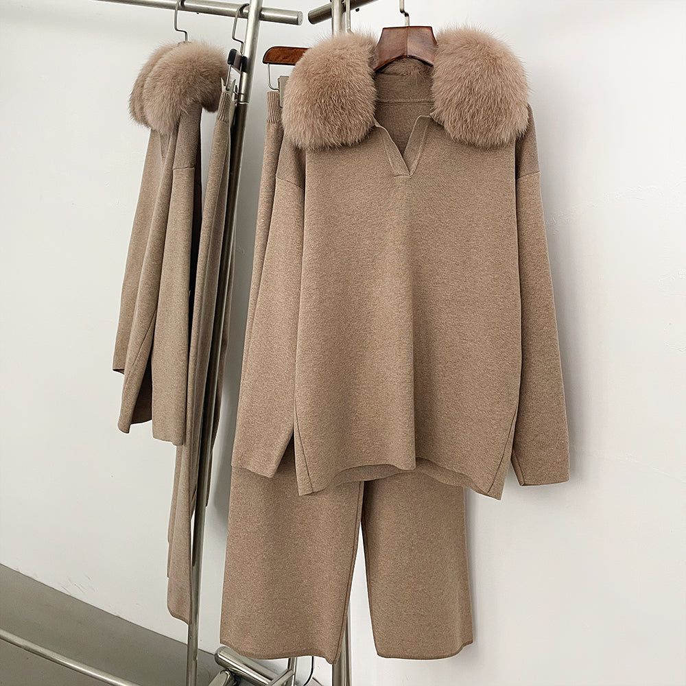 OFTBUY Knitted Pant Set Female Fashion Warm Real Fox Fur Sweater Lady New Autumn Winter Plus Size Woman Clothes Outfits Knitwear