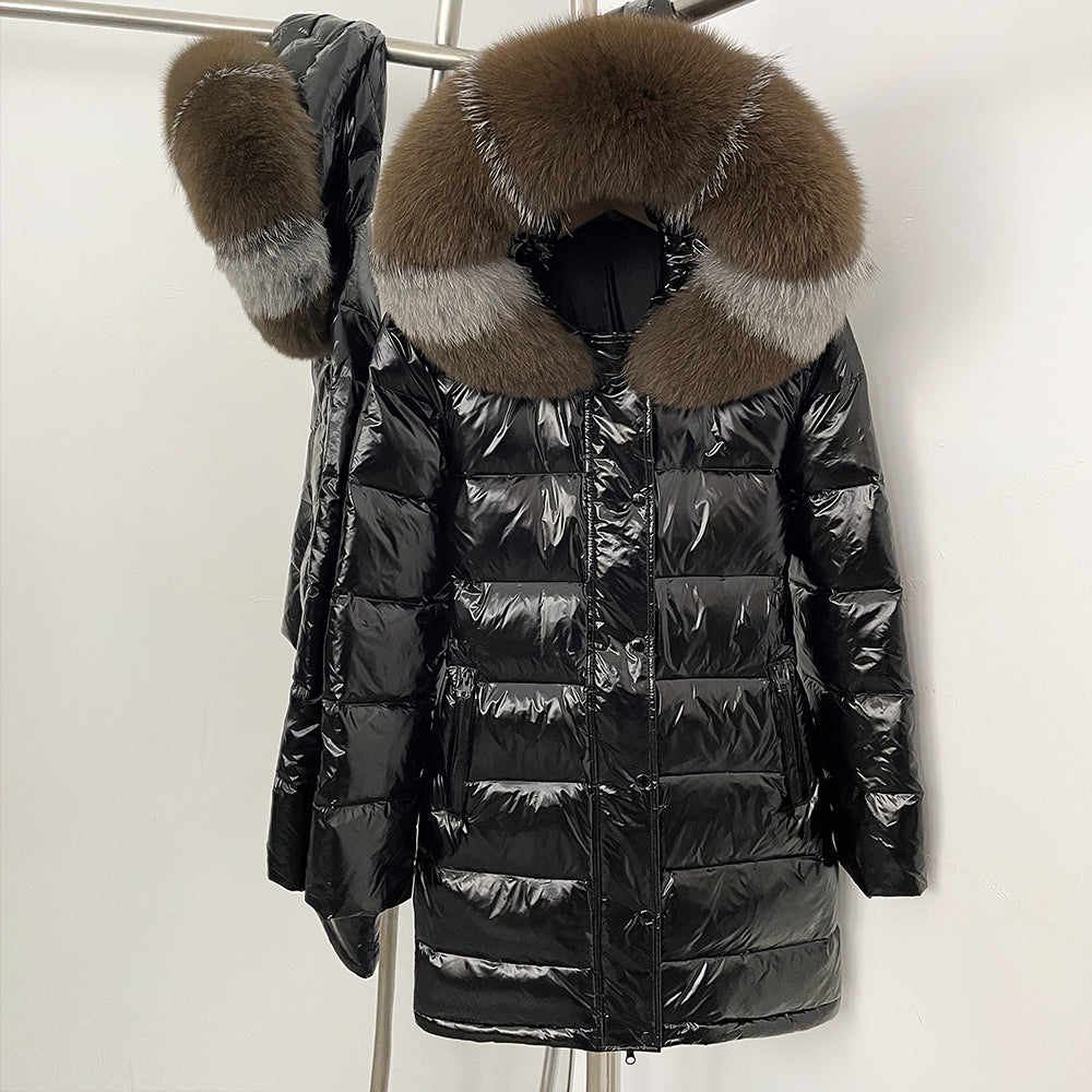 OFTBUY New Hood Collar Luxury Warm Winter Women's Shiny Puffer Jacket with Real Raccoon Fox Fur Outerwear Duck Down Coat Female