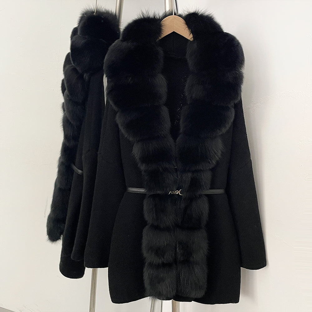 OFTBUY Metal Belt Knit Warm Winter Luxury Fashion Outerwear Sweater Cardigan New Women's Knit Coat with Full Real Fox Fur Front
