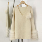 OFTBUY New Women's Knit Sweater with Real Fox Fur Accents V-Neck Loose Fit Warm Winter Fashion Warm Pullover Outerwear Jacket