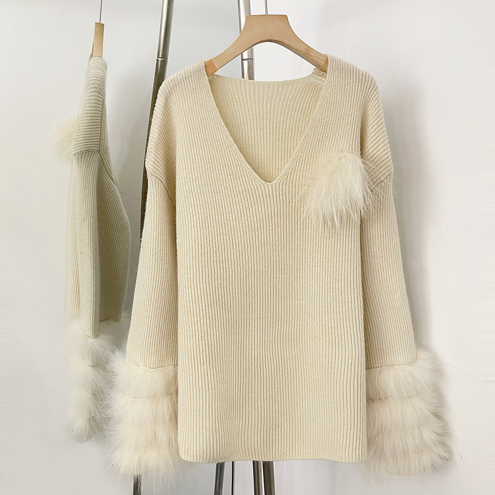 OFTBUY New Women's Knit Sweater with Real Fox Fur Accents V-Neck Loose Fit Warm Winter Fashion Warm Pullover Outerwear Jacket