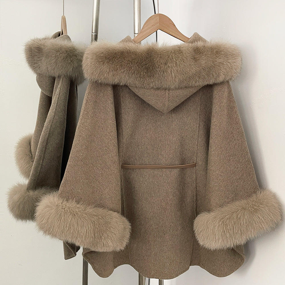 OFTBUY New Women's Wool Coat with Real Fox Fur Collar Cuffs Hooded Belted Waist Warm Winter Elegant Fashion Outerwear