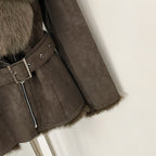 OFTBUY New Women's Suede Jacket with Real Fox Fur Collar Real Rabbit Fur Lining Coat Female Belted Warm Winter Luxury Outerwear