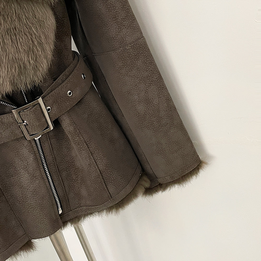 OFTBUY New Women's Suede Jacket with Real Fox Fur Collar Real Rabbit Fur Lining Coat Female Belted Warm Winter Luxury Outerwear