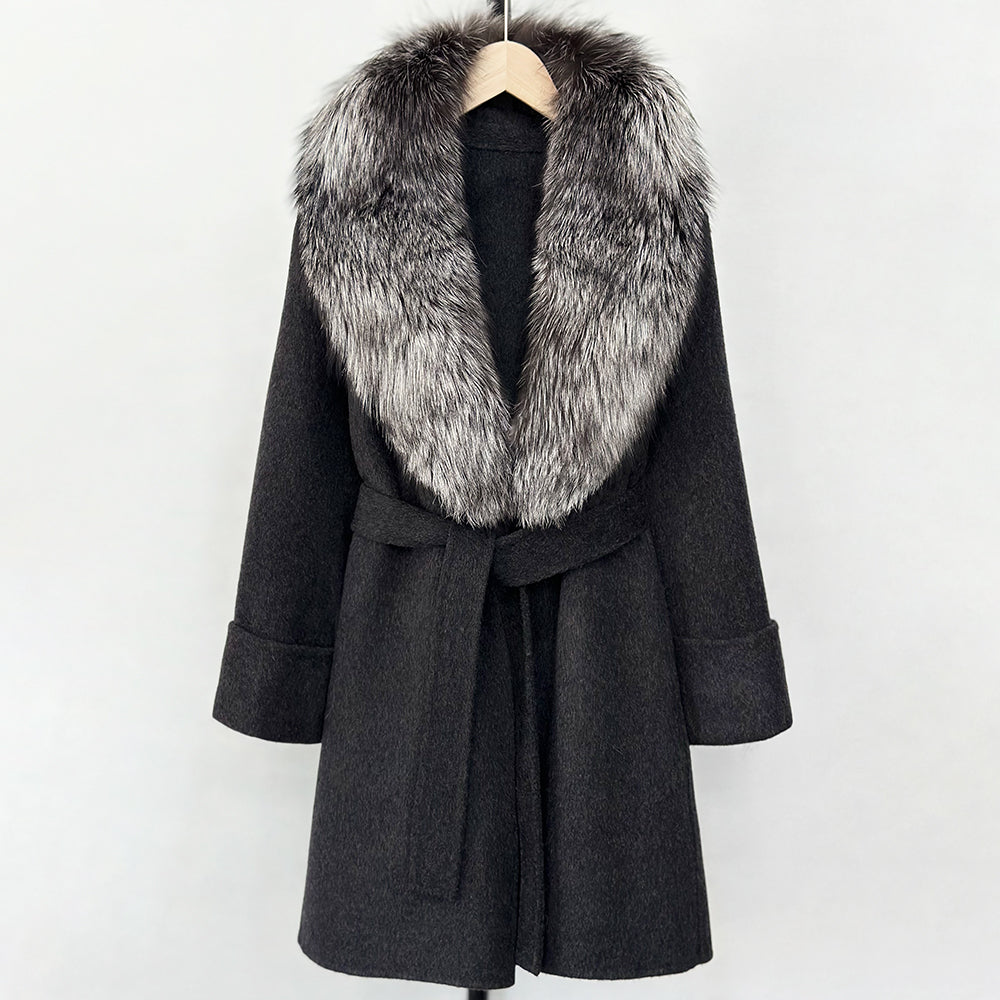OFTBUY Natural Real Fox Fur Wool Blends Coat Women New Belt Pocket Winter Jacket Female Loose Woolen Outerwear Streetwear