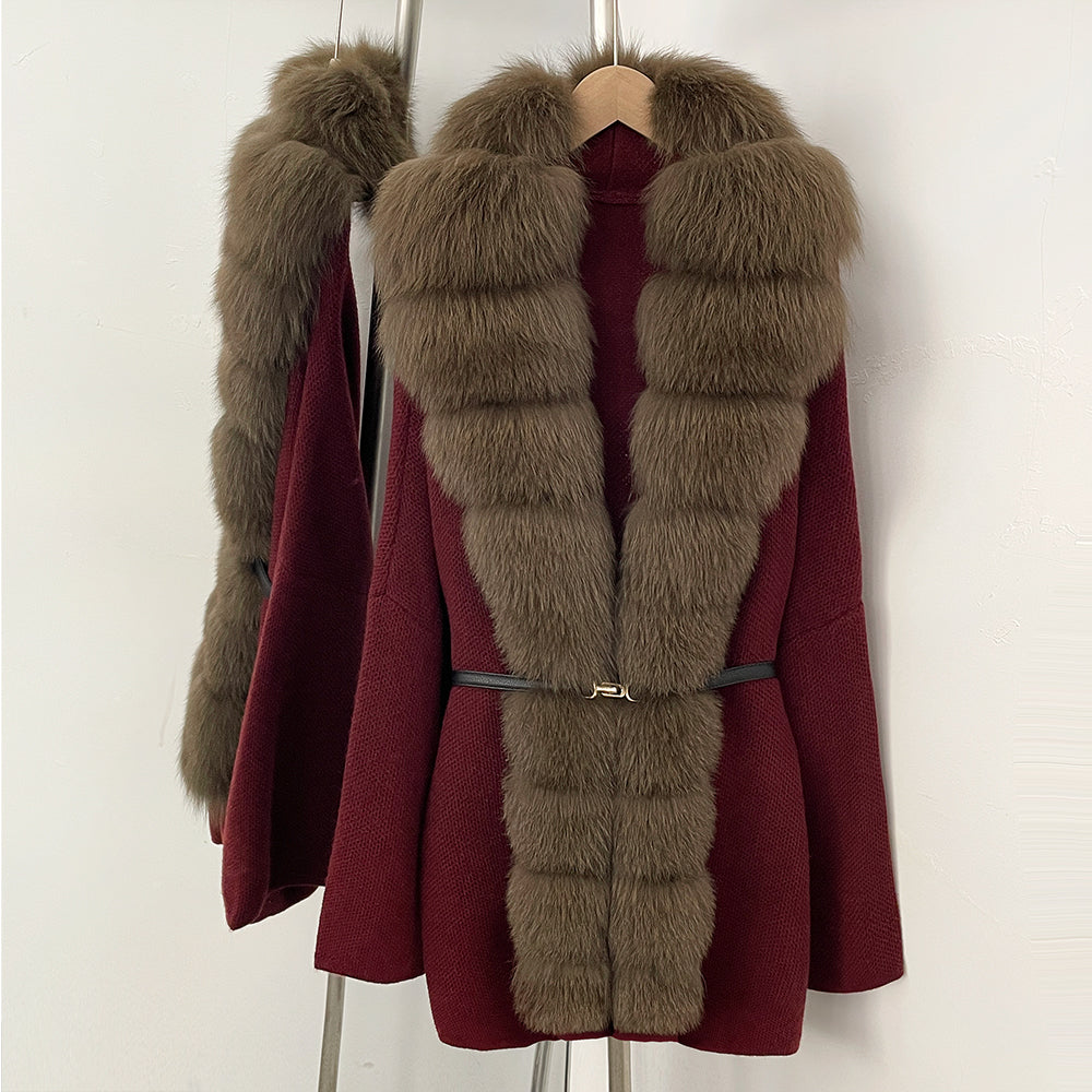 OFTBUY Metal Belt Knit Warm Winter Luxury Fashion Outerwear Sweater Cardigan New Women's Knit Coat with Full Real Fox Fur Front