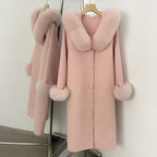 OFTBUY Pompoms Buttons Warm Winter Elegant Outerwear Female New Women's Double Face Wool Coat with Large Real Fox Fur Collar