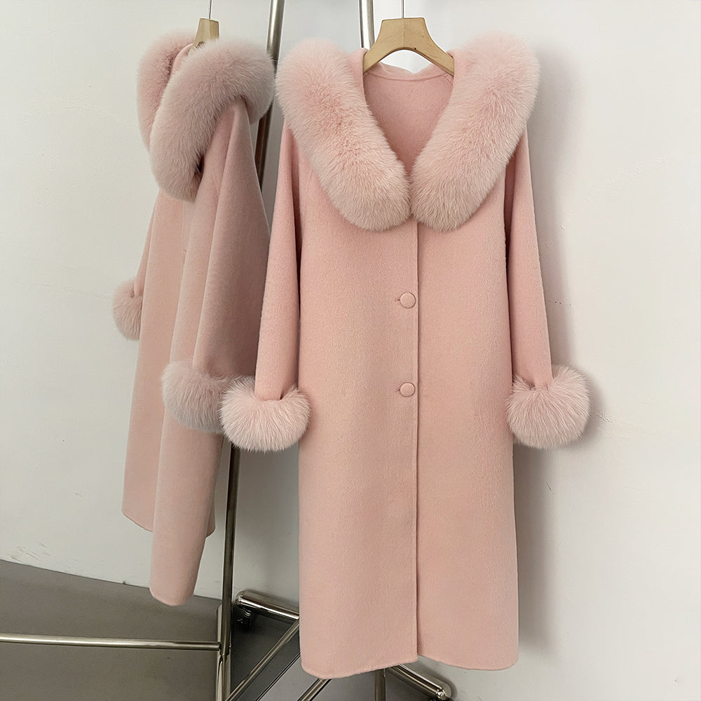OFTBUY Pompoms Buttons Warm Winter Elegant Outerwear Female New Women's Double Face Wool Coat with Large Real Fox Fur Collar
