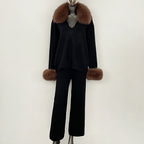 OFTBUY Loose Pants Warm Winter Elegant Casual Outfit Sweater Female New Women's Knit Two Piece Set with Real Fox Fur Collar