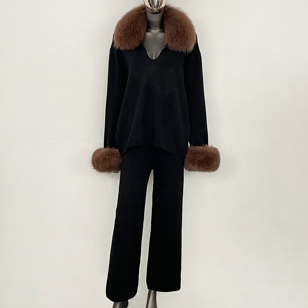 OFTBUY Loose Pants Warm Winter Elegant Casual Outfit Sweater Female New Women's Knit Two Piece Set with Real Fox Fur Collar