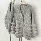 OFTBUY Loose Oversize Knitwear Coat Real Fox Fur Button Cardigan Swrater Jacket Female New Spring Autumn Knitted Clothes Women