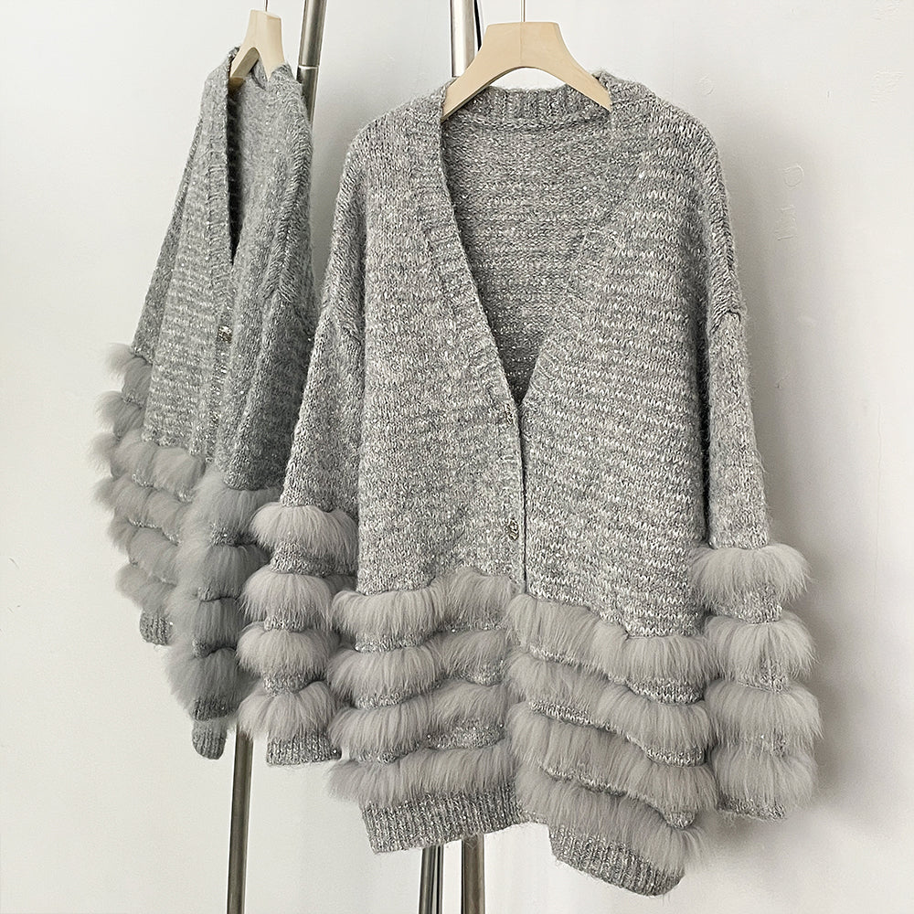 OFTBUY Loose Oversize Knitwear Coat Real Fox Fur Button Cardigan Swrater Jacket Female New Spring Autumn Knitted Clothes Women