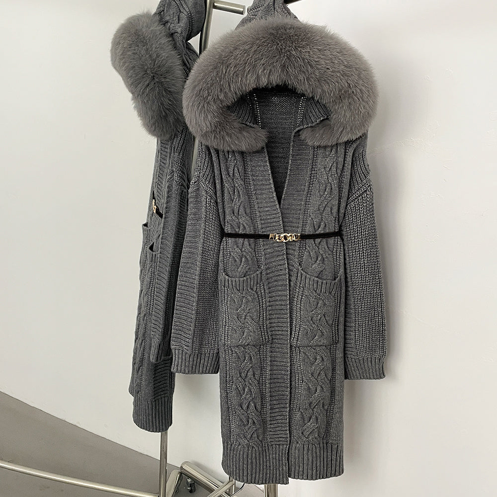 OFTBUY New Autumn Winter Knitted Clothes Women Fashion Thick Warm Belt Sweater Coat Female Hooded Real Fox Fur Cardigan Jacket