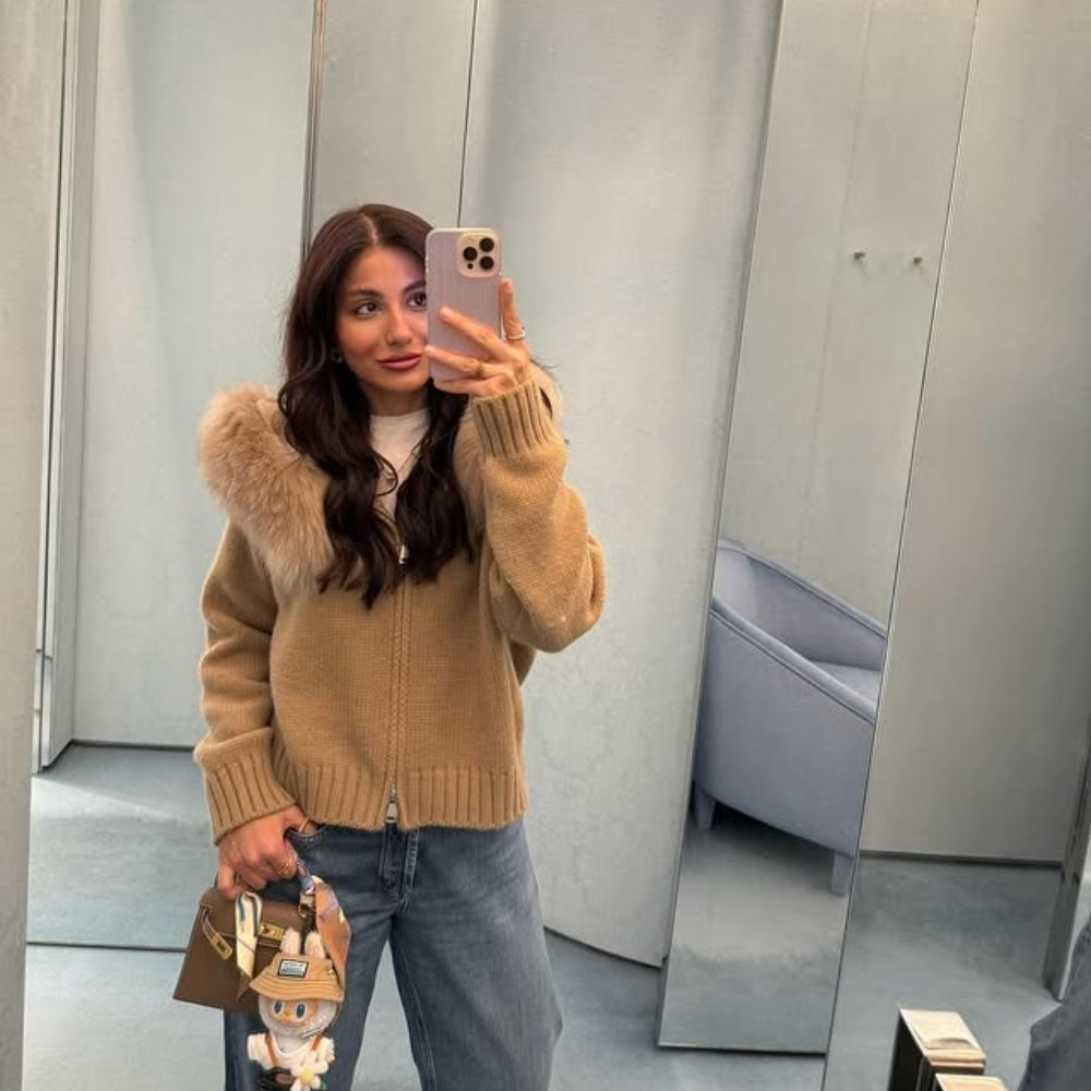 OFTBUY Luxury Knitted Zip-Up Hoodie with Oversized Real Fox Fur Hood - Premium Apres-Ski Luxe Loungewear
