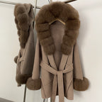 OFTBUY Real Fox Fur Wool Coat Hooded Natural Fur Collar and Cuffs New Autumn Winter Clothes Women Cashmere Woolen Jacket Lady