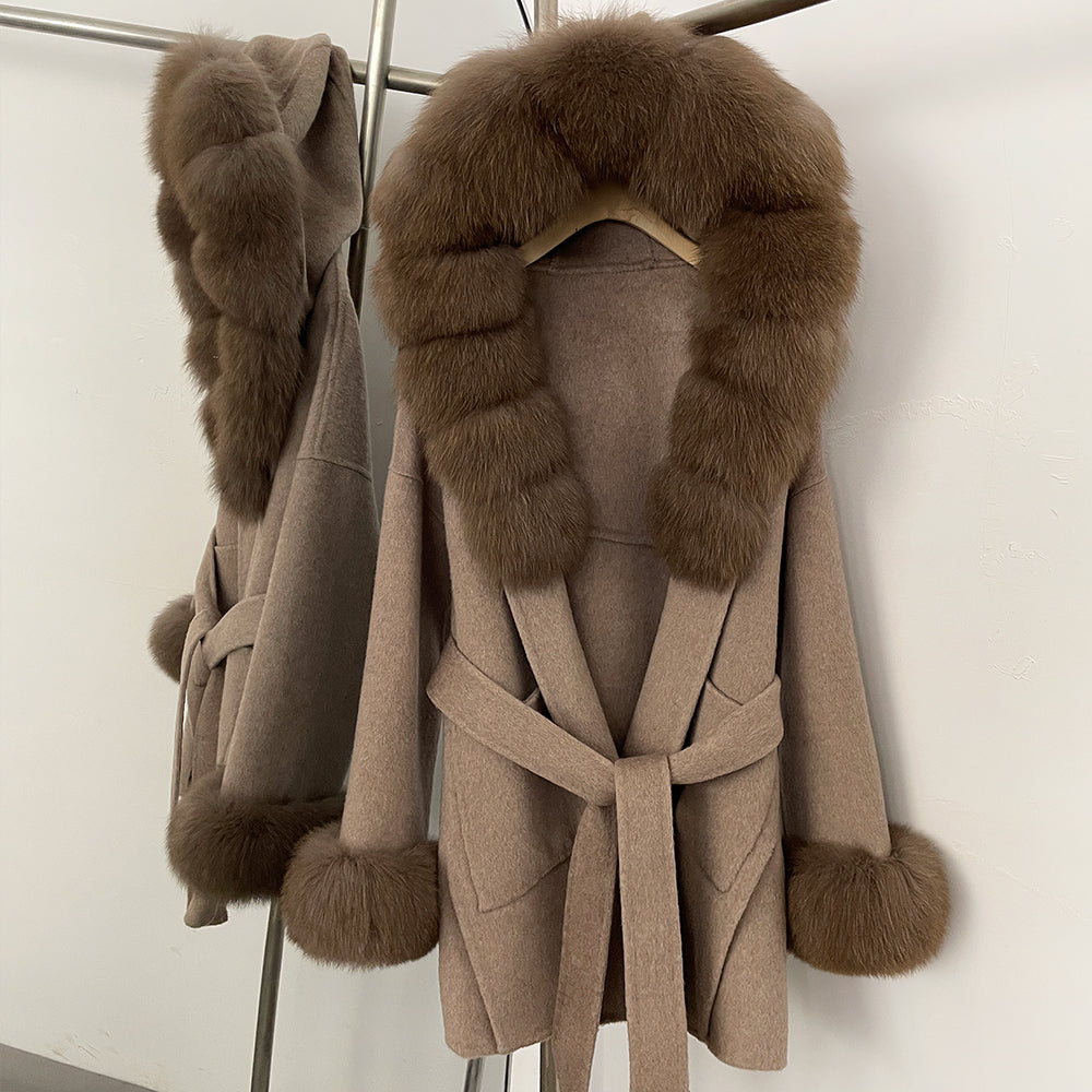 OFTBUY Real Fox Fur Wool Coat Hooded Natural Fur Collar and Cuffs New Autumn Winter Clothes Women Cashmere Woolen Jacket Lady