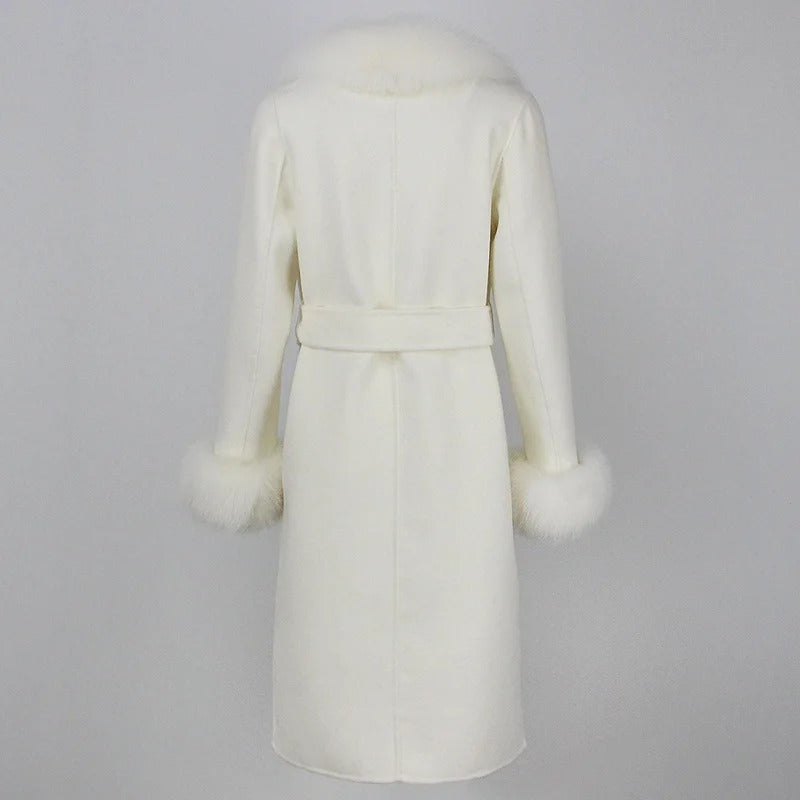 OFTBUY Winter Jacket Women Long Natural Wool Blends Cashmere Real Fur Coat Double Breasted Belt Warm Streetwear New Fashion