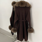 OFTBUY New Cardigan Autumn Winter Long Knit Clothing Women Loose Warm Belt Sweater Jacket with Real Fox Fur Collar and Cuffs
